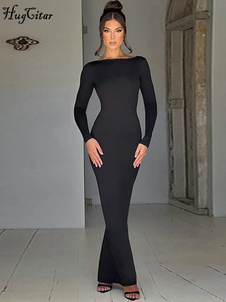 Elegant Backless Long Sleeve Maxi Dress With Bodycon Fit