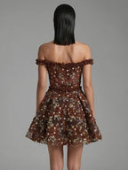 Off Shoulder Floral Embroidery Mini Dress With Delicate Ruffles Sleeveless And Backless
