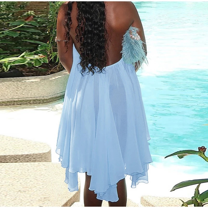 Halter Ruffles Dress Strapless Sleeveless Backless