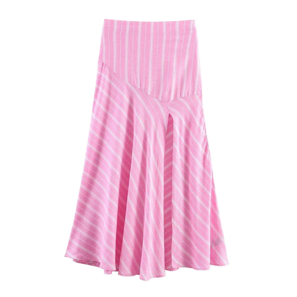 Pink Stripe Shirt Set With Pleated Long Skirt Elegant Two Piece Suit