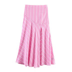 Pink Stripe Shirt Set With Pleated Long Skirt Elegant Two Piece Suit