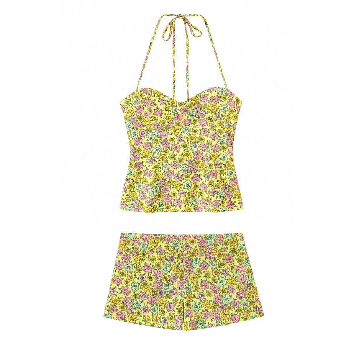 Floral Halter Backless Two Piece Set With Slim Vest And Mini Shorts For Summer