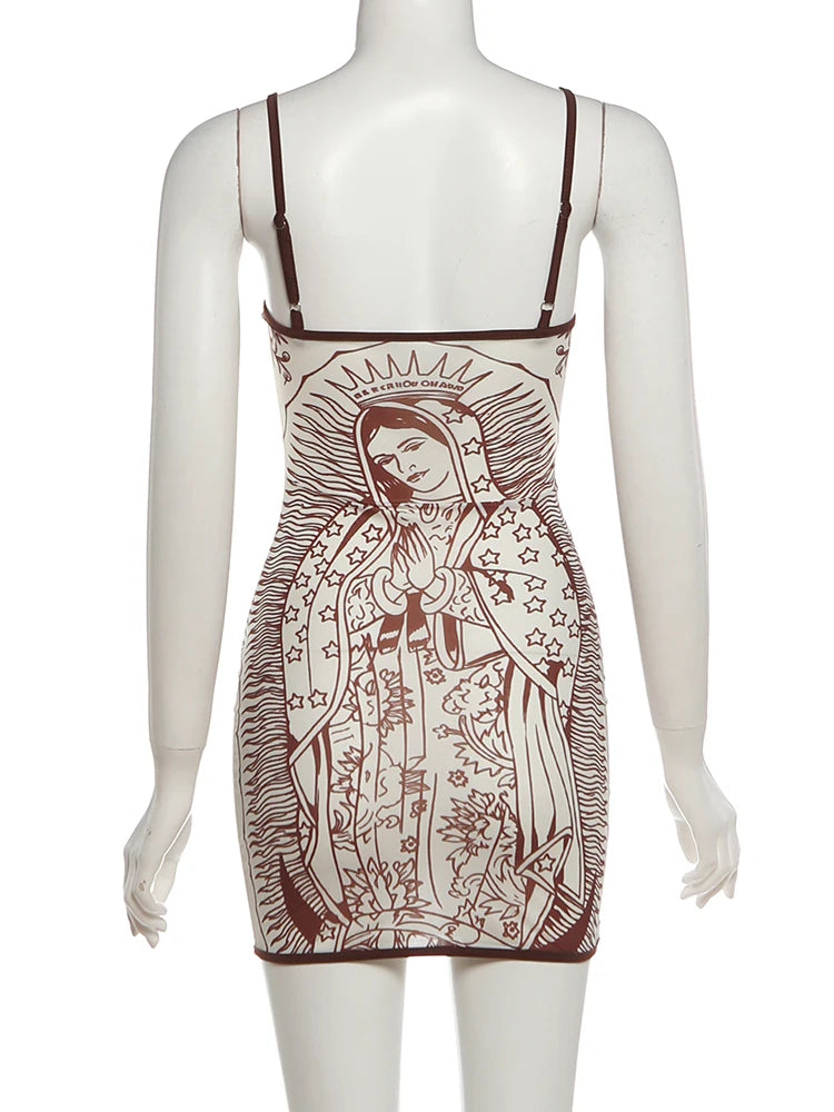 See Through Sling Dress Backless Mini For Women Flirty Cartoon Print