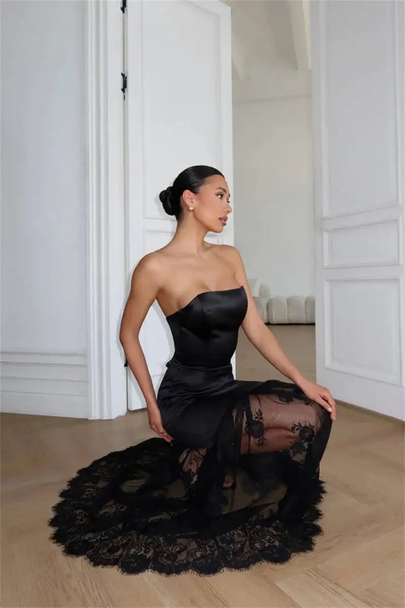 Satin Strapless Maxi Dress Off Shoulder Backless