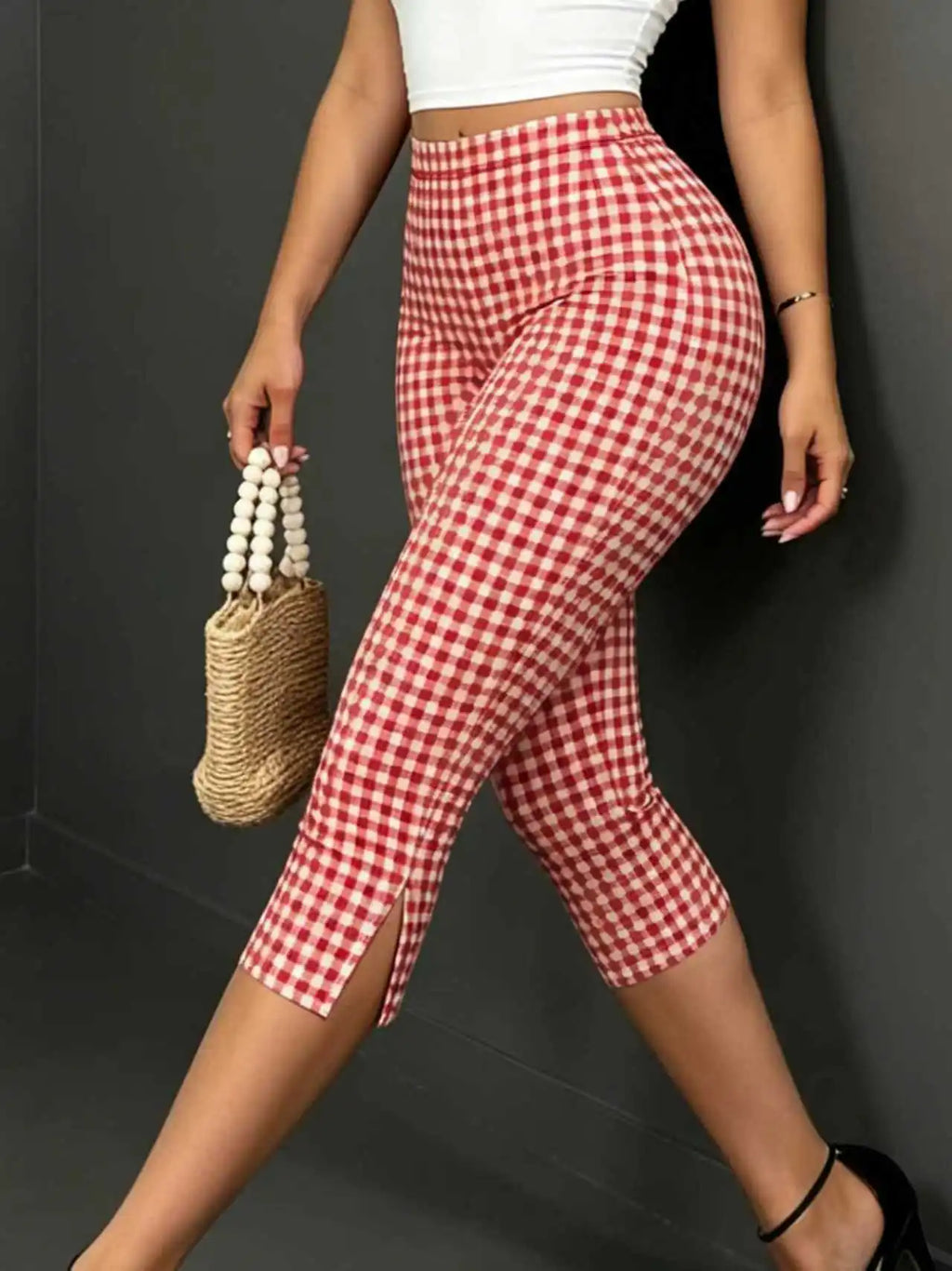Red And White Checkered Capri Pants With Cuffed Hem Slim Fit Three Quarter Length