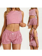 Plaid Set With Tie Back Sleeveless Crop Top And Mini Ruffle Shorts Two-piece