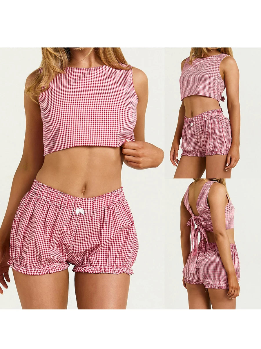 Plaid Set With Tie Back Sleeveless Crop Top And Mini Ruffle Shorts Two-piece