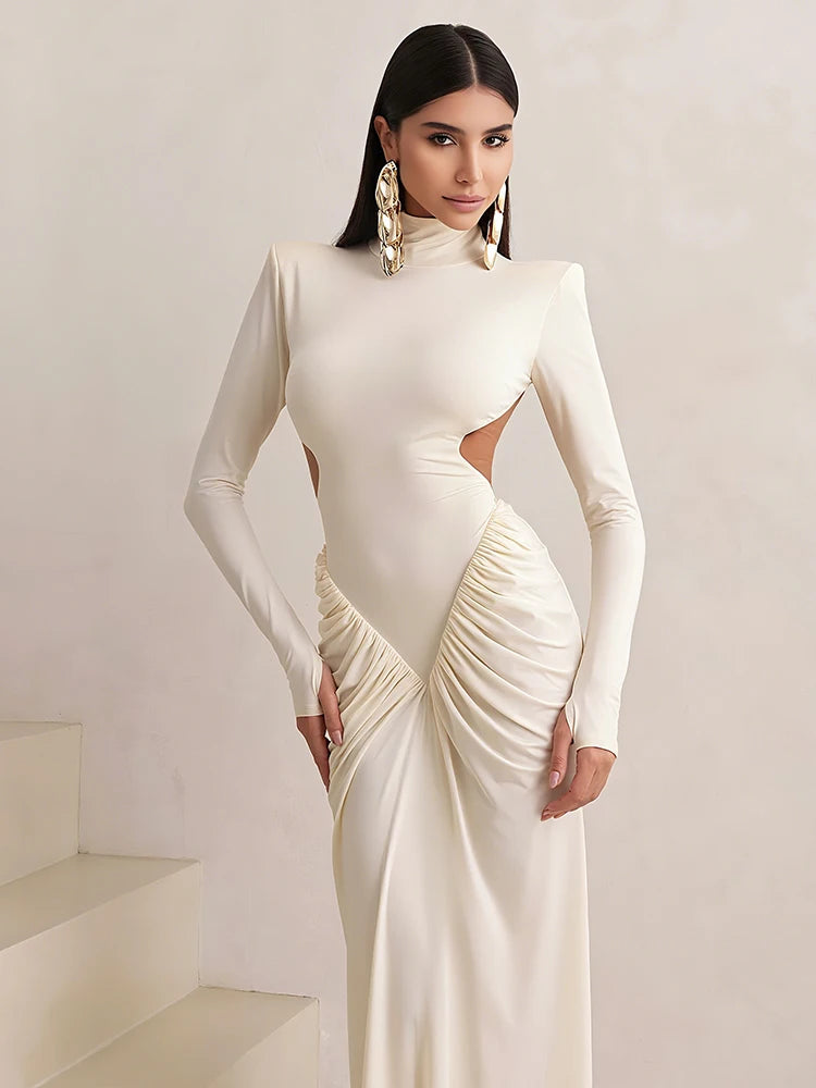 Peach Backless Maxi Dress With Waistless Silhouette And Ruched Elegance