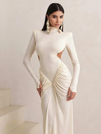 Peach Backless Maxi Dress With Waistless Silhouette And Ruched Elegance