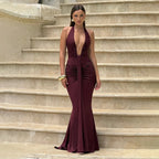 Deep V-Neck Backless Ruched Maxi Dress Halter Gown