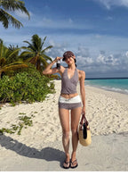 Checkered V Neck One Piece Swimsuit With Belly Coverage And Open Back