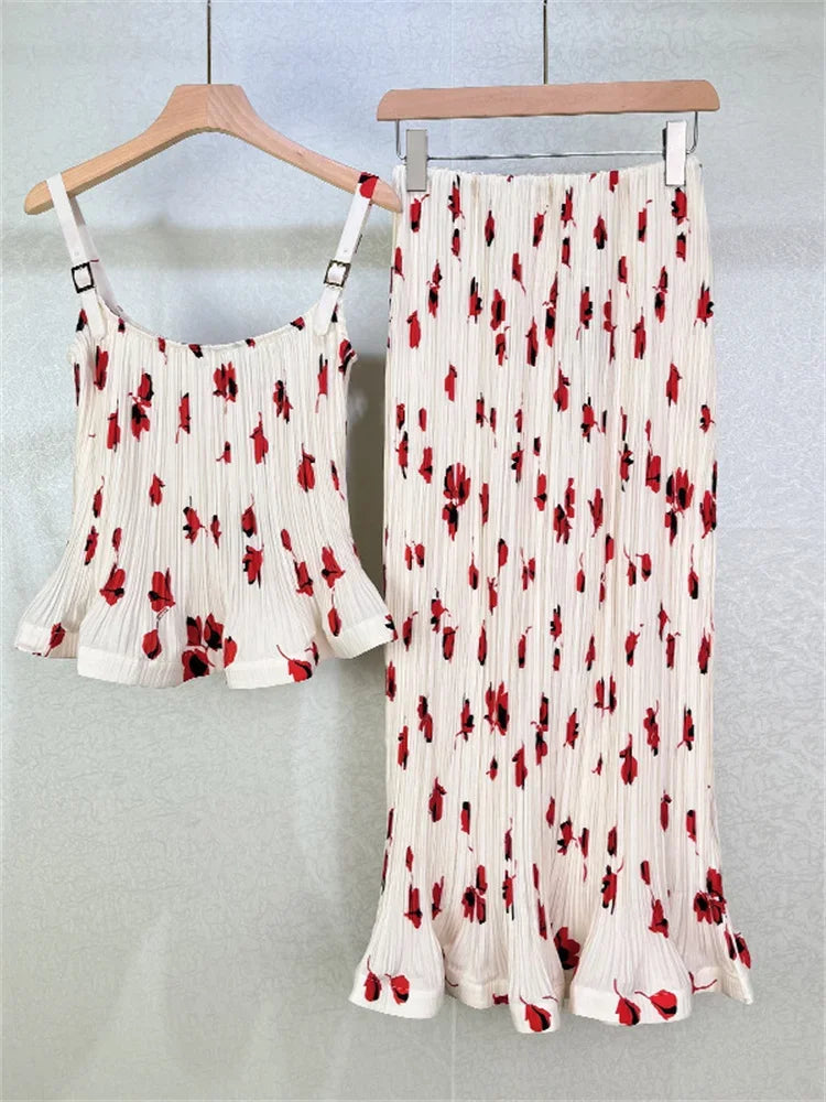 Pleated Red Print High Waist Midi Skirt And Sleeveless