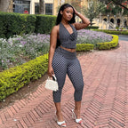 Polka Dot Print Halter Neck Crop Top And Floral Accent Two Piece Set