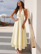 Sunny Yellow Halter Neck Dress With Open Back And Lace Up Detail High Waist Pleated Ankle Length