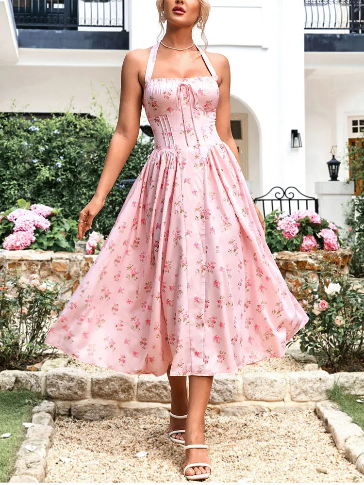 Floral Halter Midi Dress With Spaghetti Straps, Backless Corset Waist Tie Up Detail