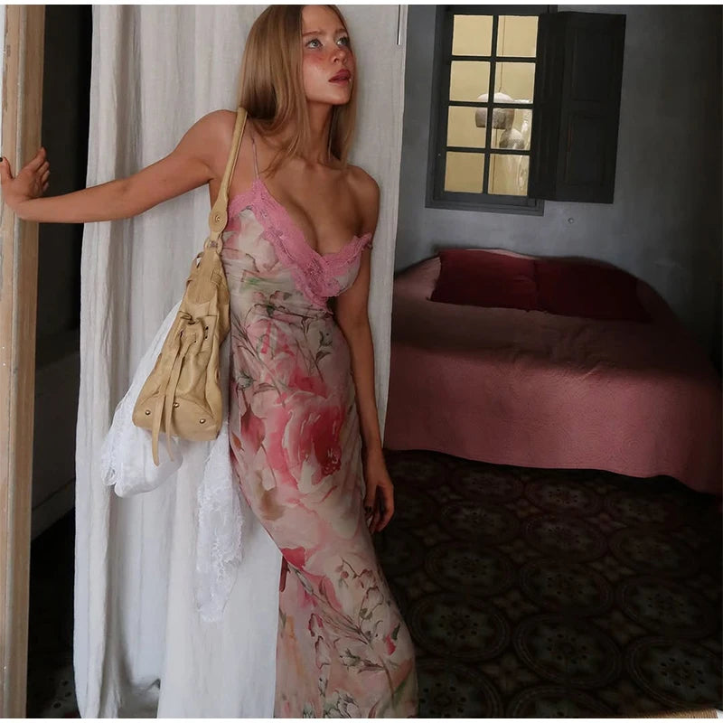 Sexy Lace Print Long Dress Women Slim Sleeveless V-neck