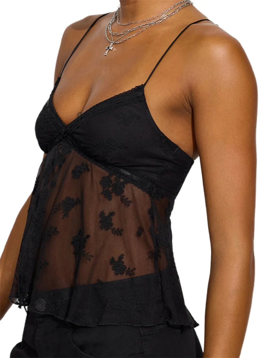 Sunny Day Floral Embroidered Mesh Cami Top With V Neck And Lace Trim