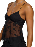 Sunny Day Floral Embroidered Mesh Cami Top With V Neck And Lace Trim