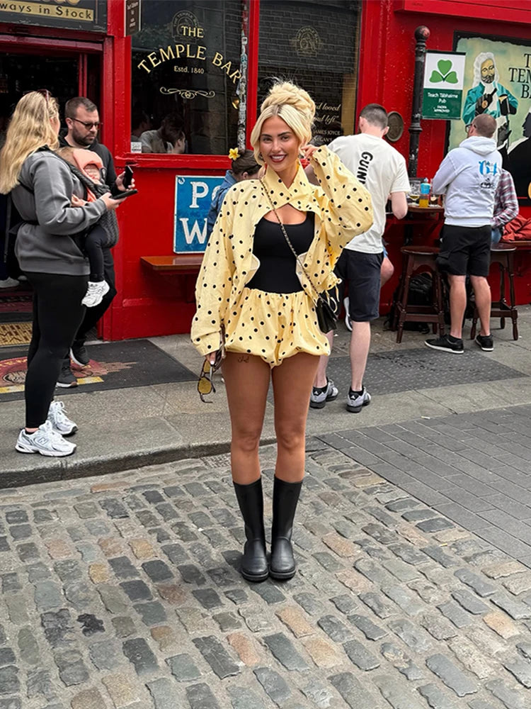 Yellow Polka Dot Pleated Set With Balloon Shorts And Cropped Top