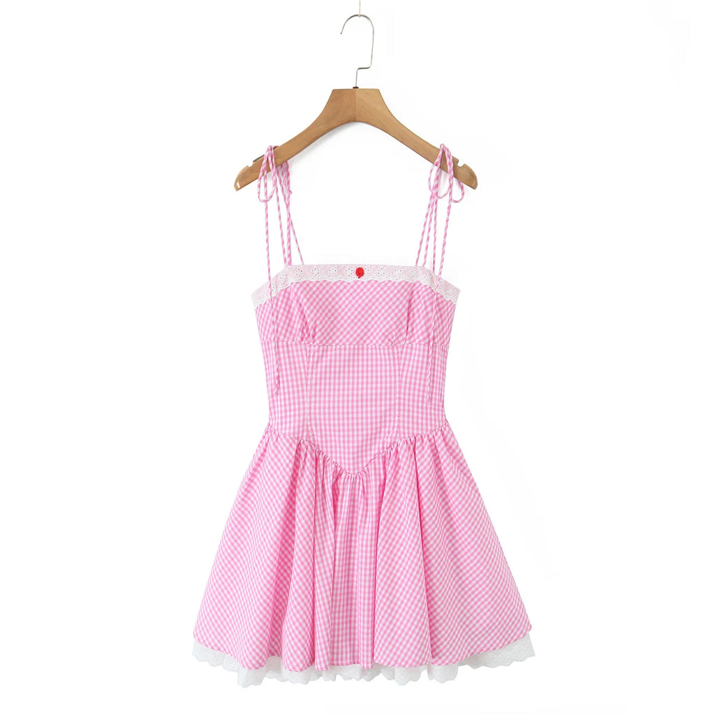 Pink Plaid Bow Sling With Lacing Up Detail For Women Slim Waist Ruched Skater Mini Dress
