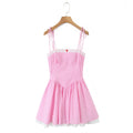Pink Plaid Bow Sling With Lacing Up Detail For Women Slim Waist Ruched Skater Mini Dress