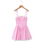 Pink Plaid Bow Sling With Lacing Up Detail For Women Slim Waist Ruched Skater Mini Dress