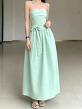 Strapless Bow Tie Maxi Dress With Cinched Waist Elegant Flowing A Line Gown