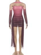 Ombre Mesh Bodycon Dress With One Shoulder Long Sleeve Draped