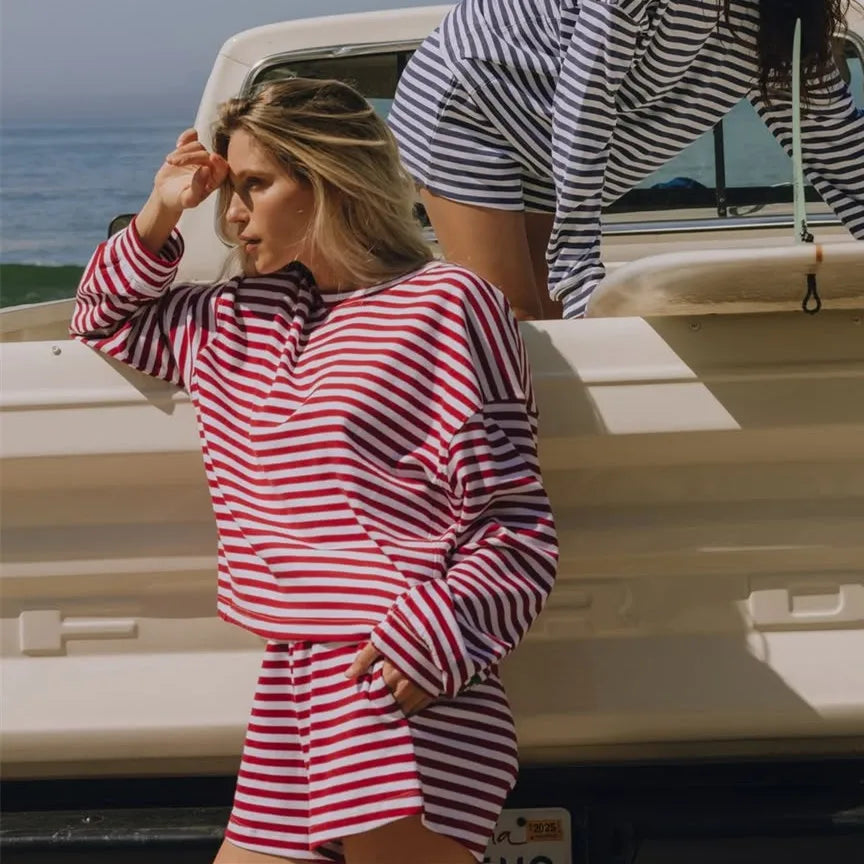 Cozy Striped Knit Lounge Set With Oversized Top And Shorts For Relaxed Comfort Everyday