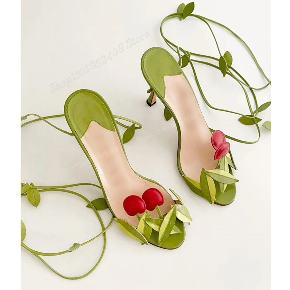 Cherry Charm Strappy Green Sandals