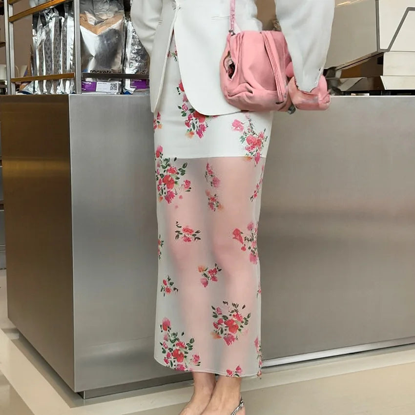 Airy Mesh Print Maxi Skirt With High Waist See Through Slit