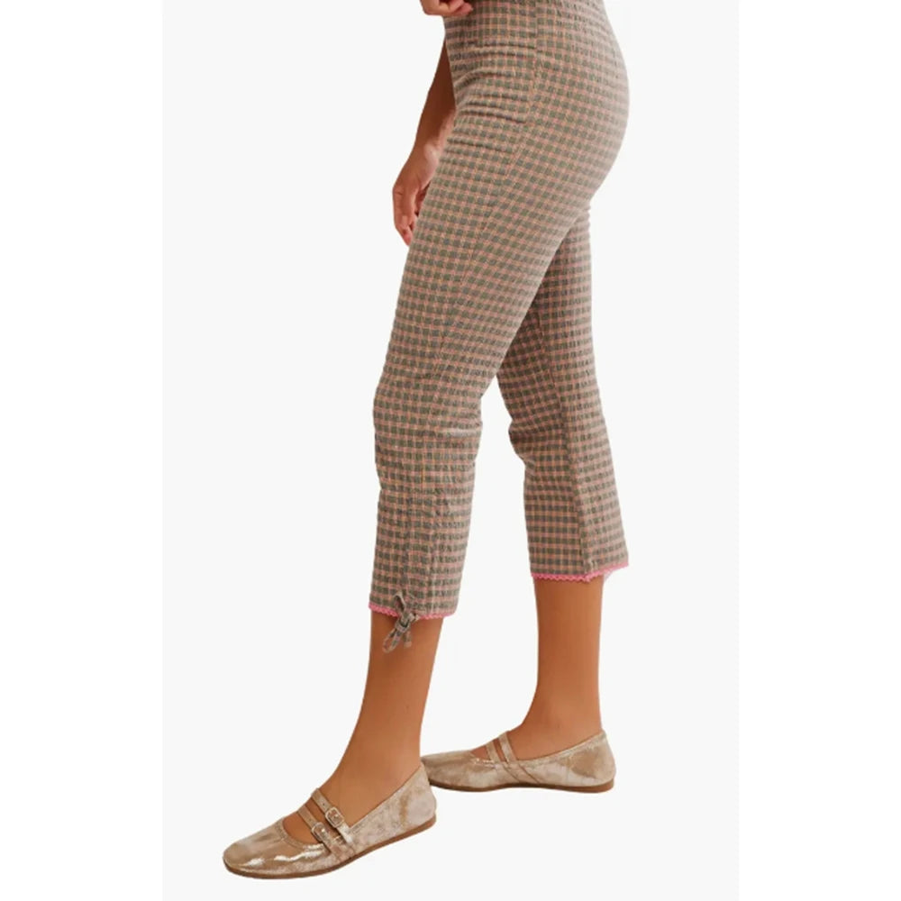 Capri Pants Elastic Low Waist 3/4 Length Pants Y2K Aesthetic Plaid Slim Cropped Trousers with Bow Decor