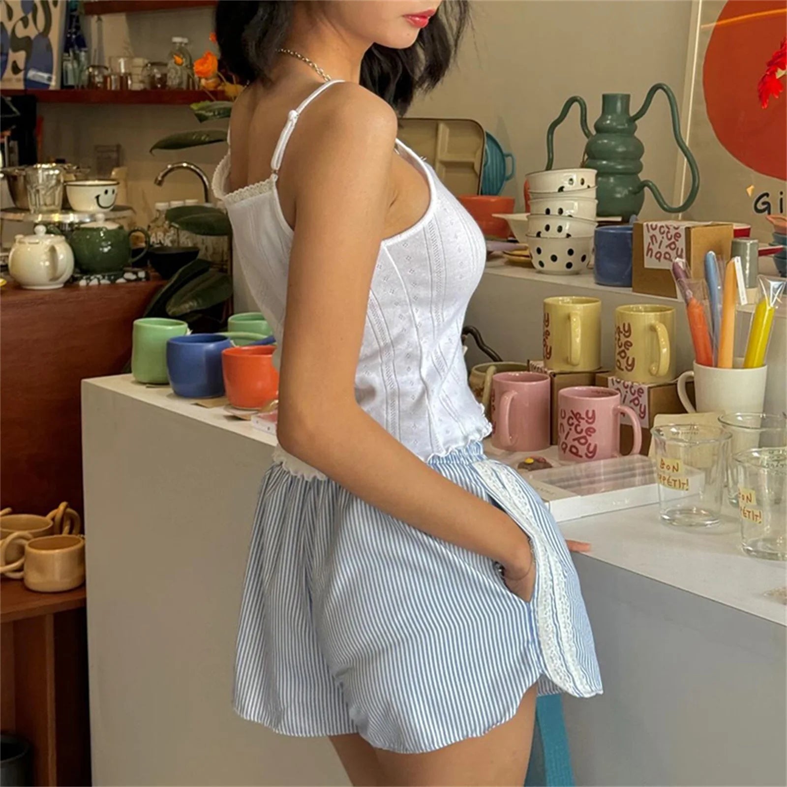 Vintage Kawaii Ruffles Lace Trim Striped Shorts With Drawstring For Cozy Cottagecore
