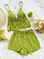 Verdant Cami Set With Drawstring Top And Elastic Waist Shorts In Soft Knit Fabric