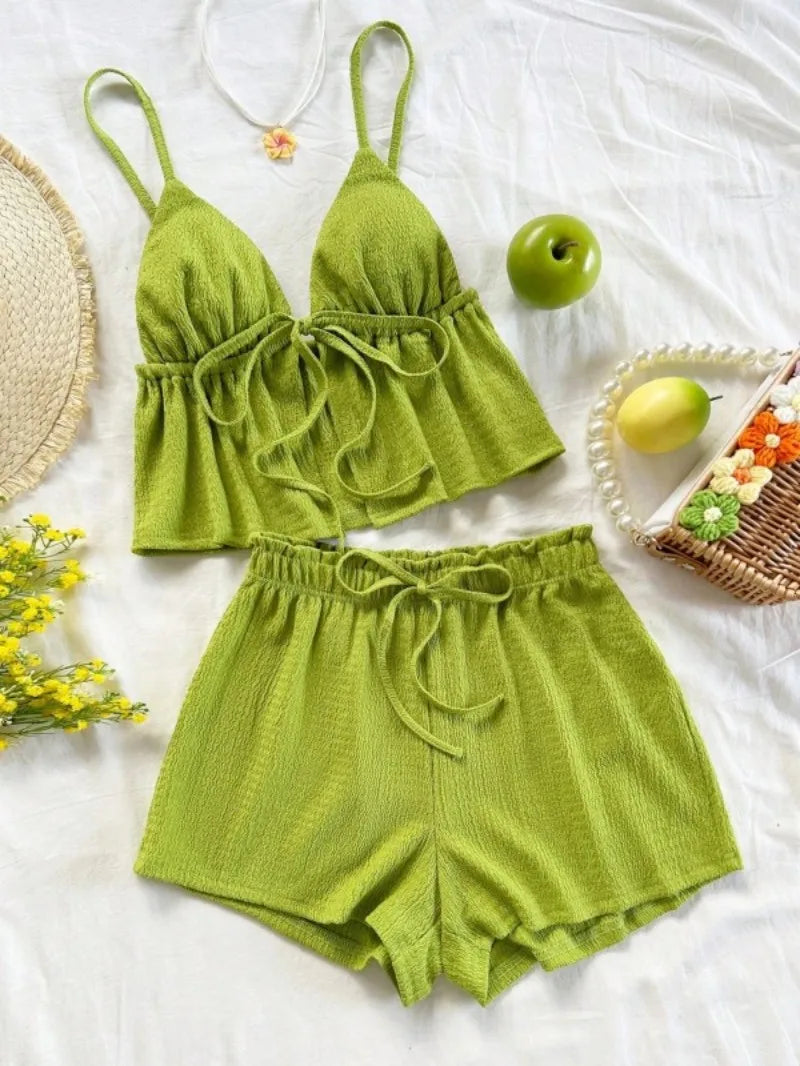 Verdant Cami Set With Drawstring Top And Elastic Waist Shorts In Soft Knit Fabric