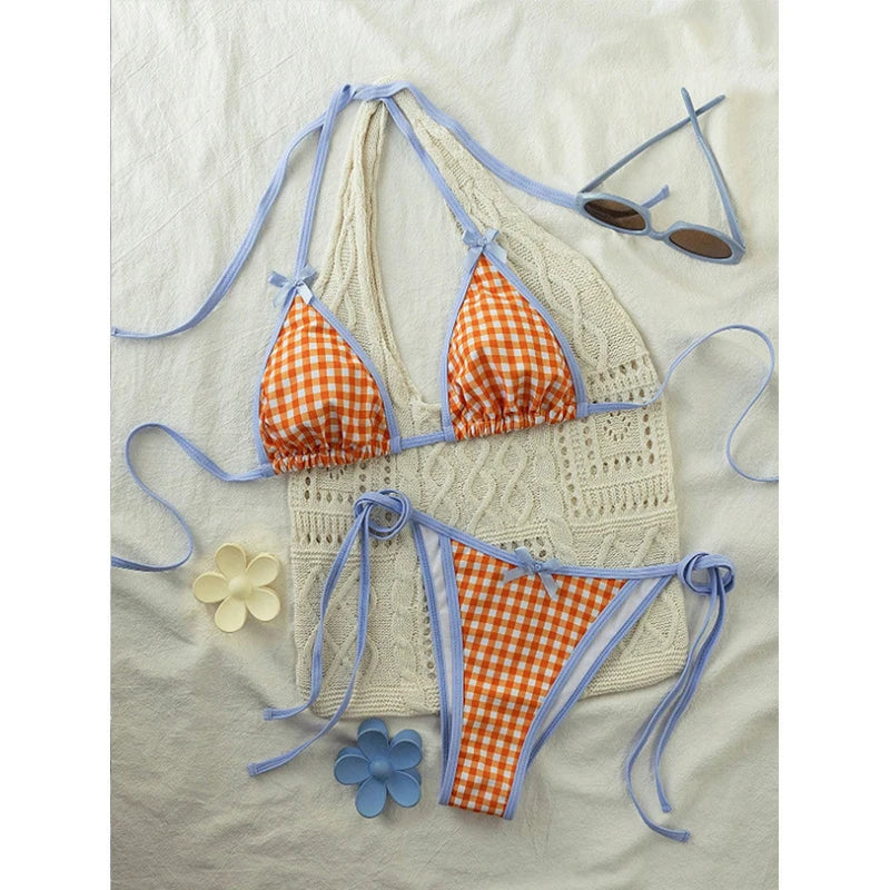 Plaid Lace-Up Bikini Set for Women Sexy Beach Swimwear