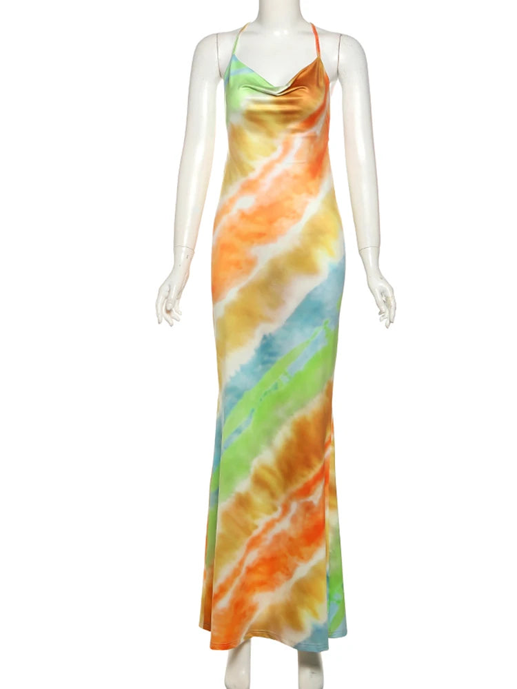 Colorful Swing Collar Maxi Dress With Metal Chain Backless