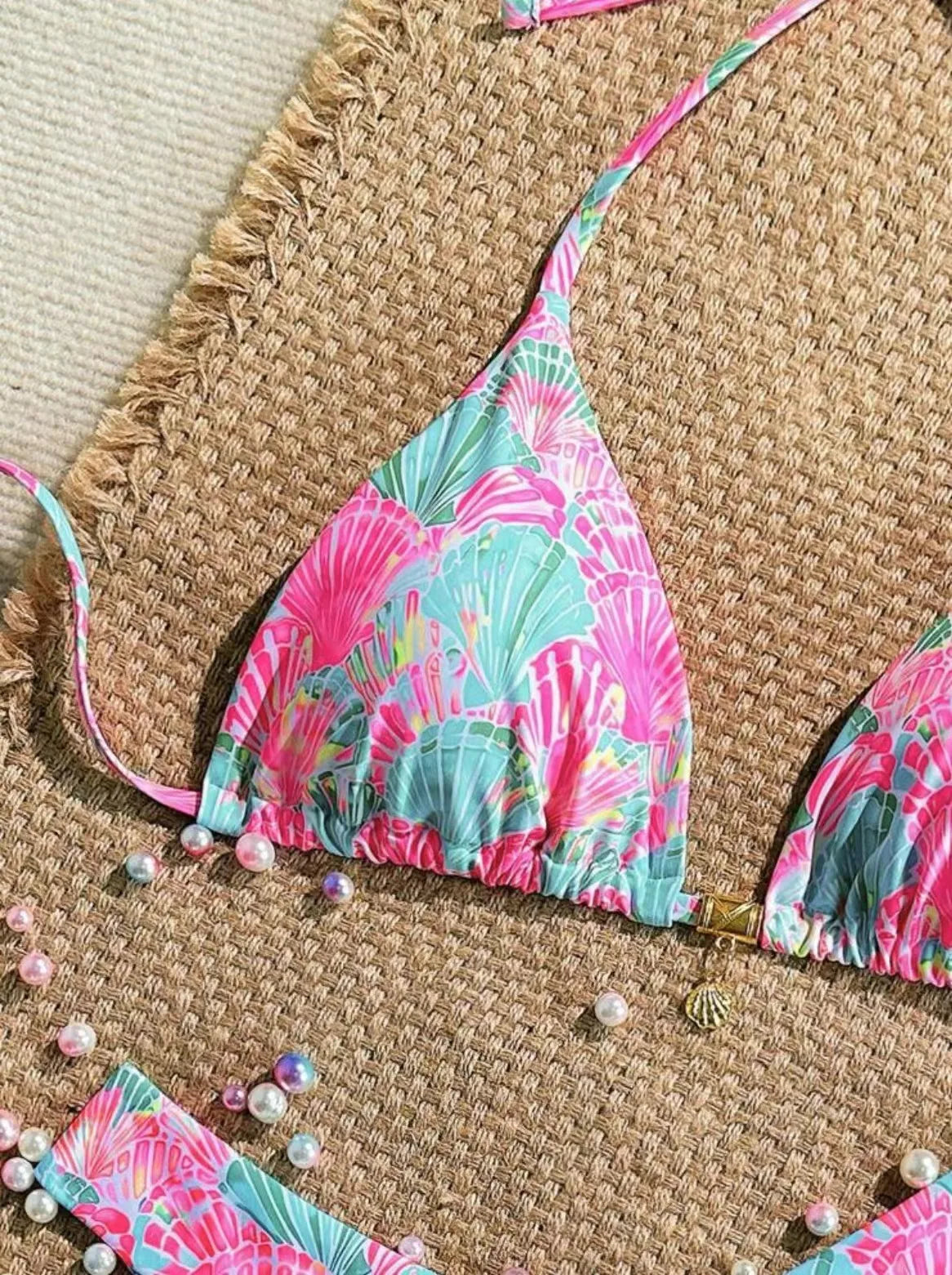 Petal Pink Print Two Piece Halter Bikini Set With Pendant Detail