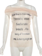 Midnight Letter Print Mesh Patchwork Top With Backless Design For Women Streetwear Mood