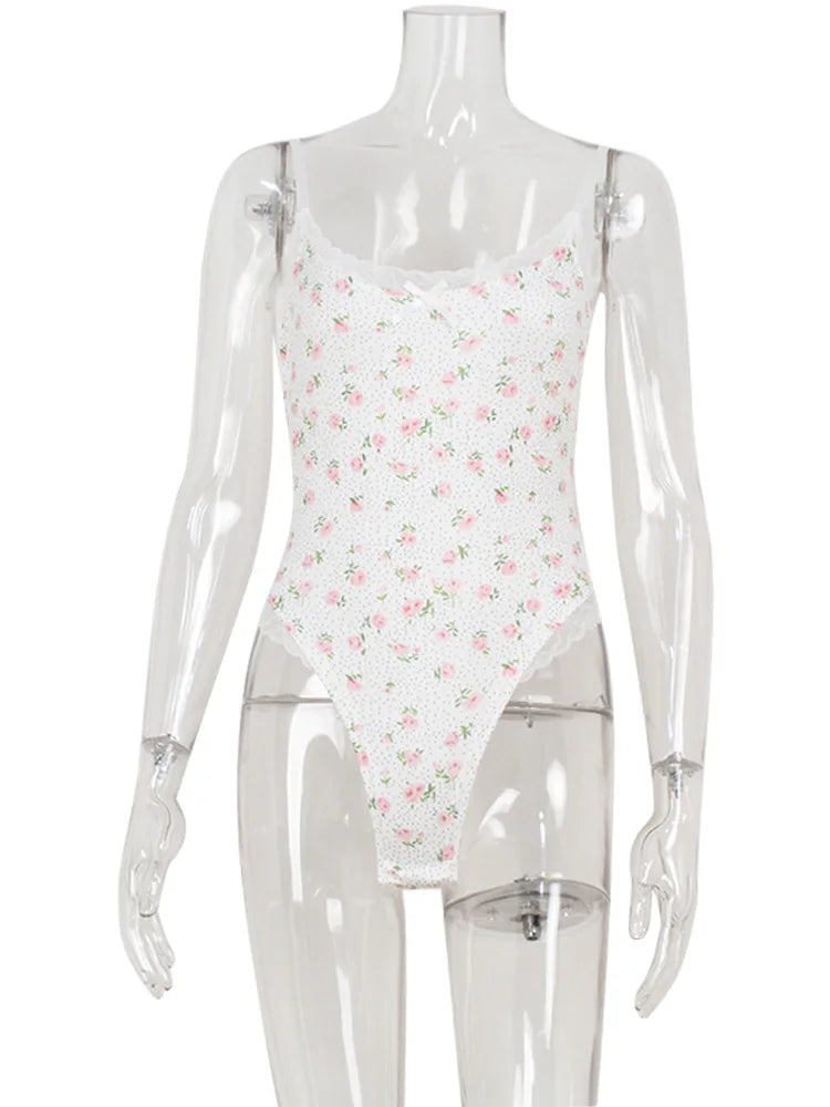 Printed Bodysuit Sleeveless V Neck Romper See Through Top
