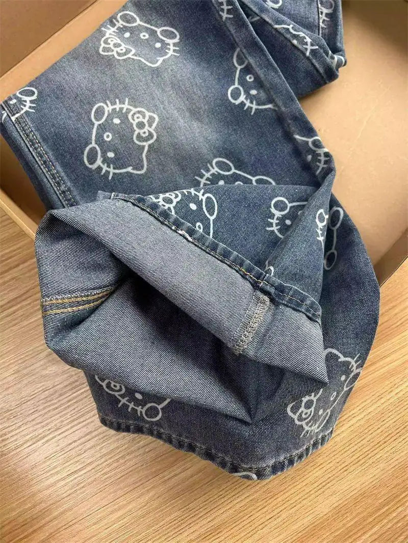Kawaii Cartoon Print High Waist Wide Leg Jeans