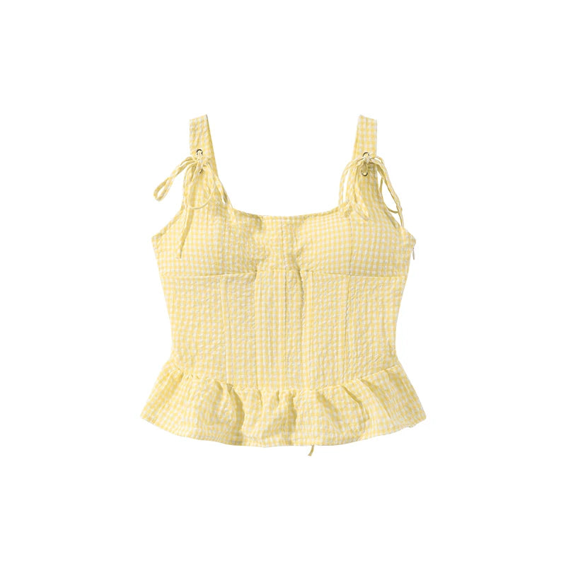 Sunny Plaid Sling Top With Ruffles V Neck Sleeveless