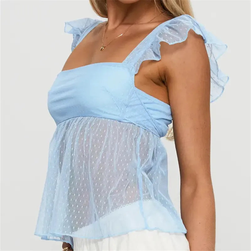 Women Square Neck Ruffle Strap Top Sheer Dots Mesh Peplum Blouse With Back Bow Tie