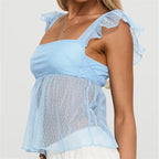 Women Square Neck Ruffle Strap Top Sheer Dots Mesh Peplum Blouse With Back Bow Tie