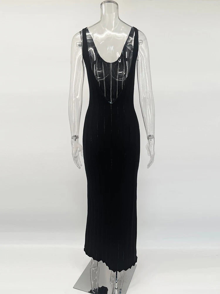 Backless Knit Maxi Dress With V Neck Sleeveles Long Gown