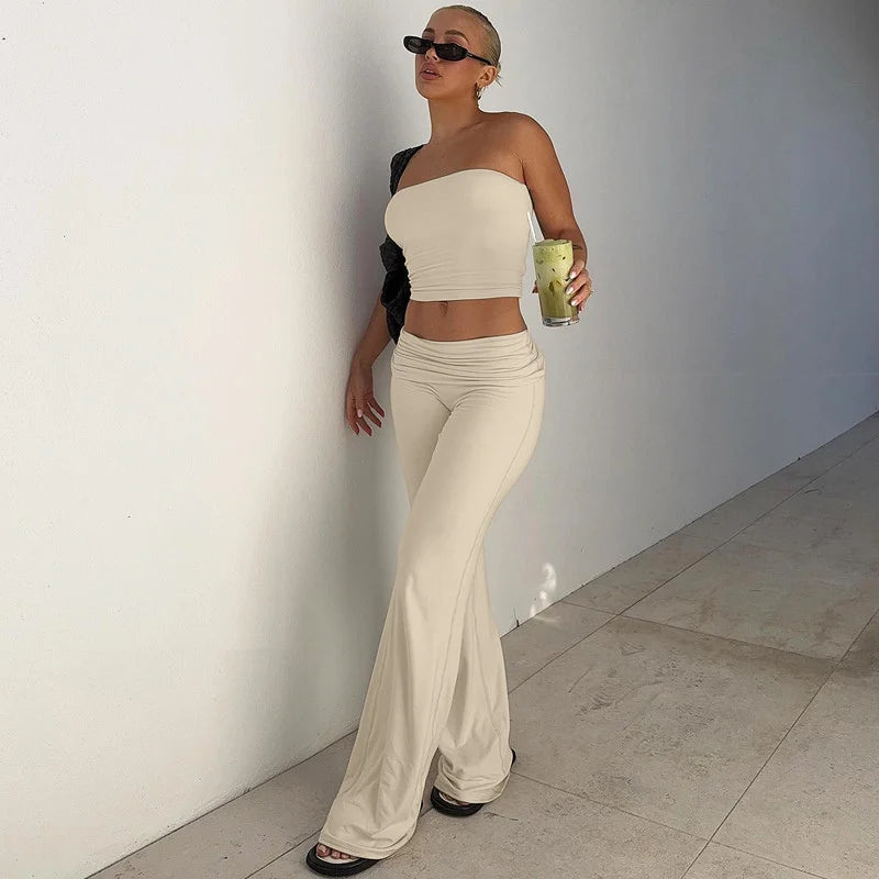 Strapless Crop Top And High Waist Ruched Flare Pants Set