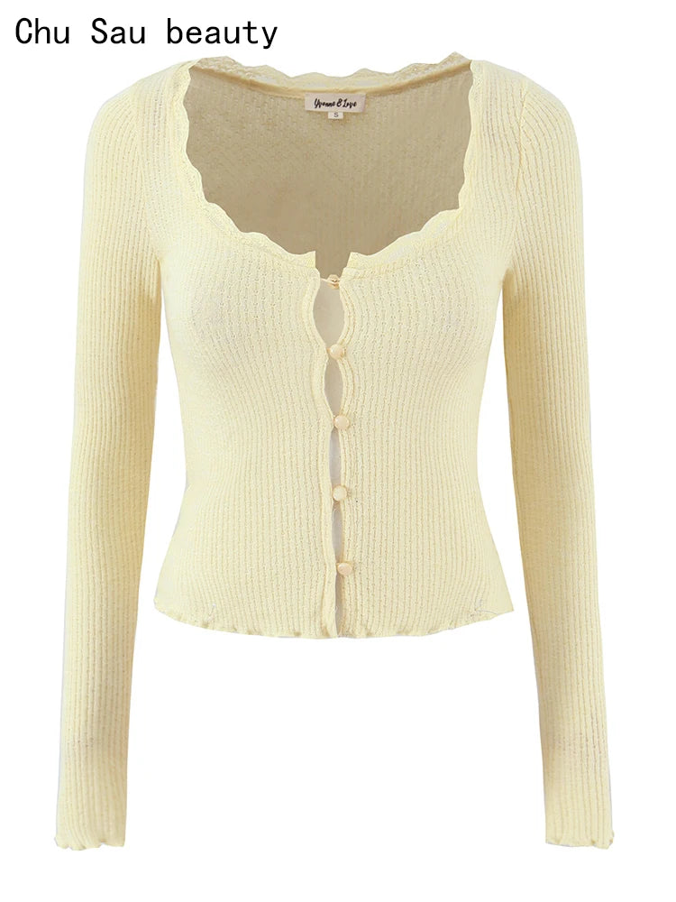 Women Fashion Sweet Lace Patchwork Knitted Cardigan Vintage O-Neck Long Sleeve Sweater