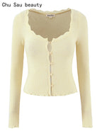 Women Fashion Sweet Lace Patchwork Knitted Cardigan Vintage O-Neck Long Sleeve Sweater