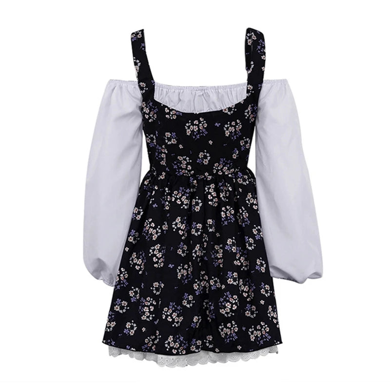 Floral Patchwork Mini Dress With Off Shoulder Square Collar Two Piece Look A Line