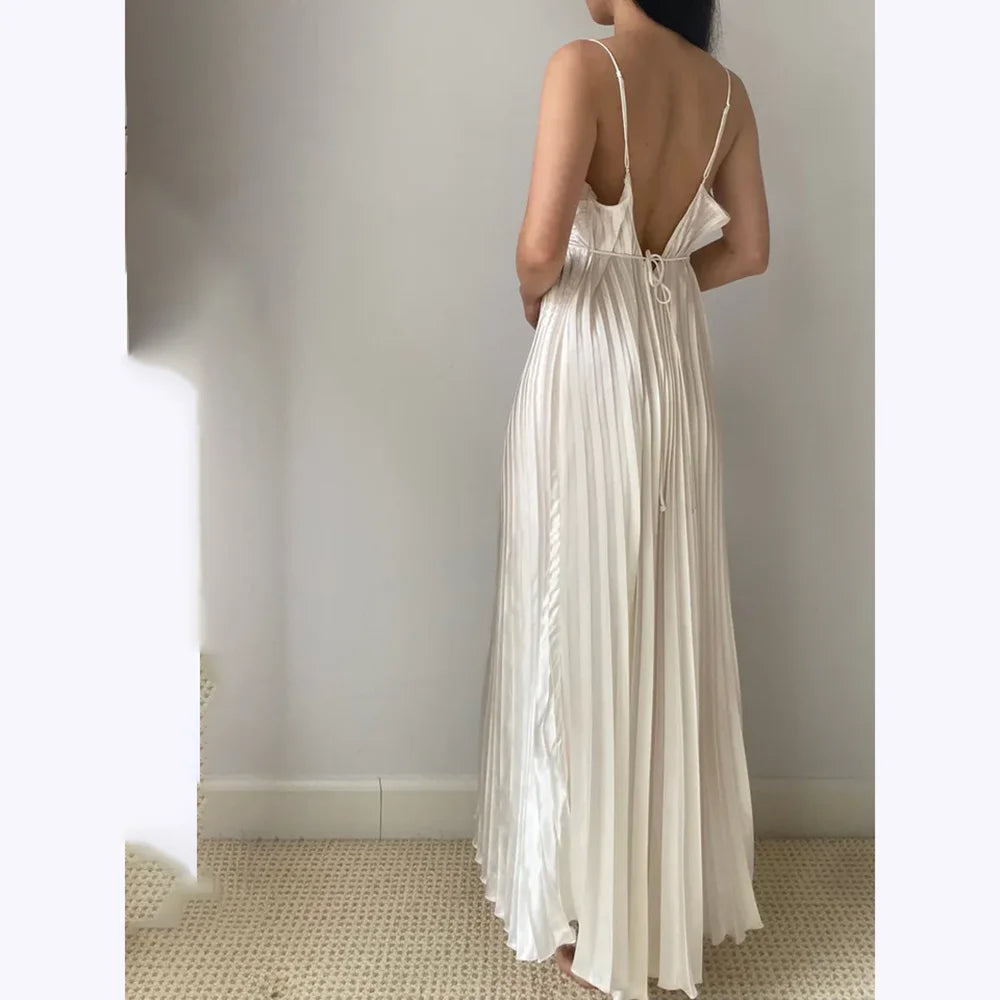 Elegant A Line Pleated Spaghetti Strap Gown With O Neck Floor Length Dress Glam